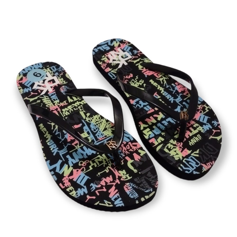 Dkny Zane Black Graffiti Sandals Flip Flops Women's Size 6